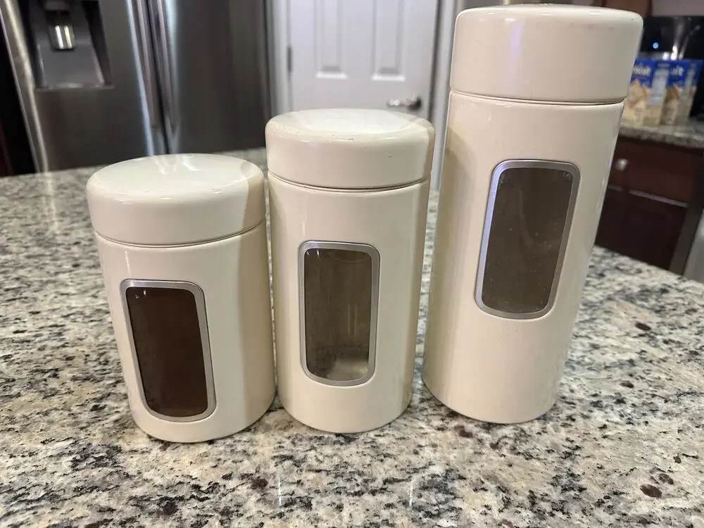 Vintage MCM Lidded Set/3 CHANTAL Cream Color Metal Canisters w/See Thru * Read